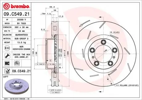 09C54921 Диск гальмівний PRZOD LEWA BREMBO підбір по vin на Brocar