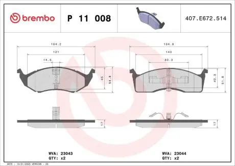 P11008 Гальмівні колодки, дискове гальмо (набір) BREMBO підбір по vin на Brocar