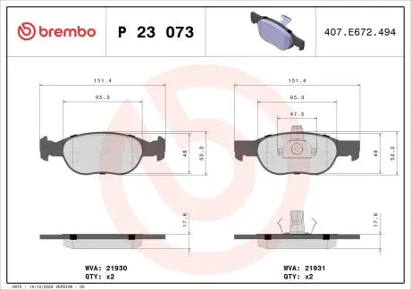 P23073 Гальмівні колодки, дискове гальмо (набір) BREMBO підбір по vin на Brocar
