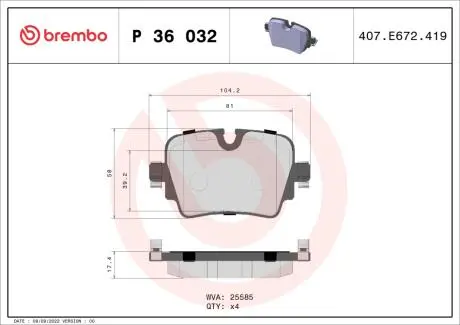 P36032 Тормозные колодки дисковые BREMBO підбір по vin на Brocar