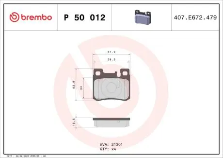 P50012 Тормозные колодки дисковые BREMBO підбір по vin на Brocar