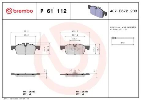 P61112 Колодки тормозные дисковые, к-кт. BREMBO подбор по vin на Brocar