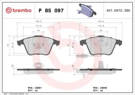 P85097 Тормозные колодки к-кт. BREMBO подбор по vin на Brocar
