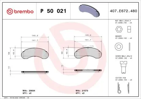 P50021 Гальмівні колодки, дискове гальмо (набір) BREMBO підбір по vin на Brocar