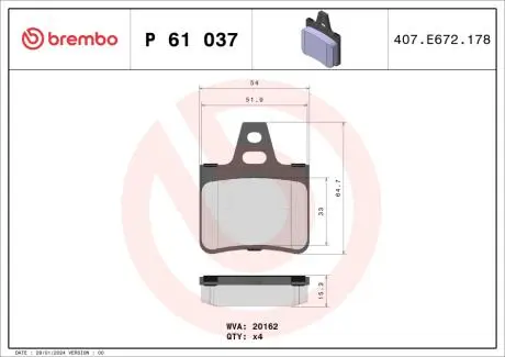P61037 Гальмівні колодки, дискове гальмо (набір) BREMBO підбір по vin на Brocar