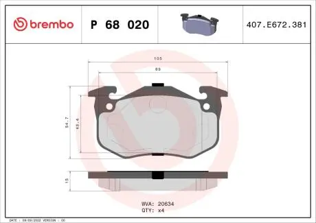 P68020 Гальмівні колодки, дискове гальмо (набір) BREMBO підбір по vin на Brocar
