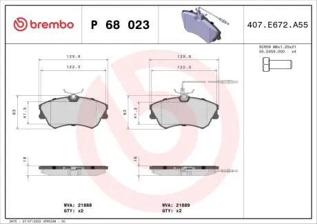 P68023 Гальмівні колодки, дискове гальмо (набір) BREMBO підбір по vin на Brocar