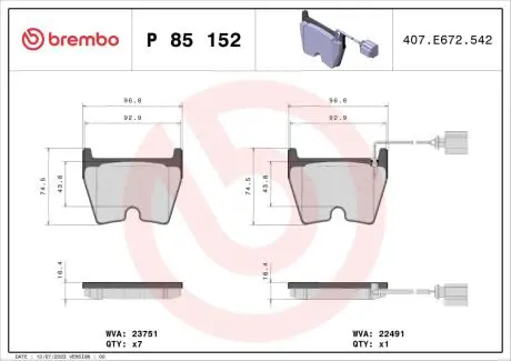 P85152 Гальмівні колодки (набір) BREMBO підбір по vin на Brocar