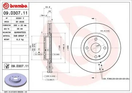 09D30711 Гальмівний диск BREMBO підбір по vin на Brocar