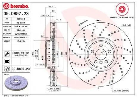 09D89723 Гальмівний диск BREMBO підбір по vin на Brocar