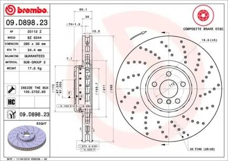 09D89823 Гальмівний диск BREMBO підбір по vin на Brocar