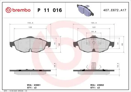 P11016 Гальмівні колодки, дискове гальмо (набір) BREMBO підбір по vin на Brocar