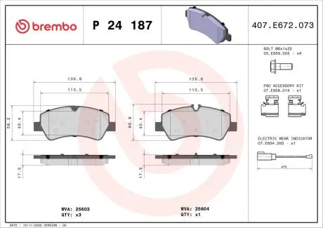 P24187 P24187_колодки дисковые задние! с антискр. пл. Ford Transit/Tourneo Custom 300 2.20TDCI 12&gt; BREMBO підбір по vin на Brocar