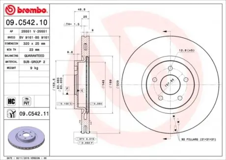 09C54211 Гальмівний диск BREMBO підбір по vin на Brocar