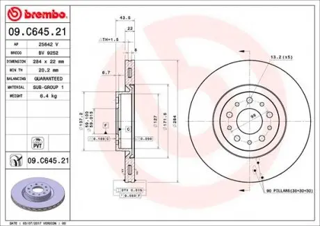 09C64521 Диск тормозной BREMBO подбор по vin на Brocar