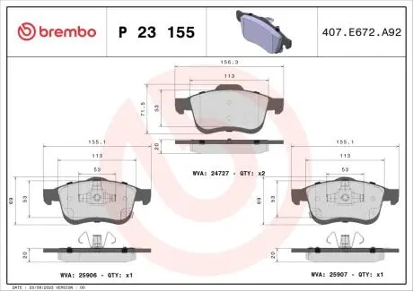 P23155 Комплект тормозных колодок, дисковый тормоз BREMBO підбір по vin на Brocar