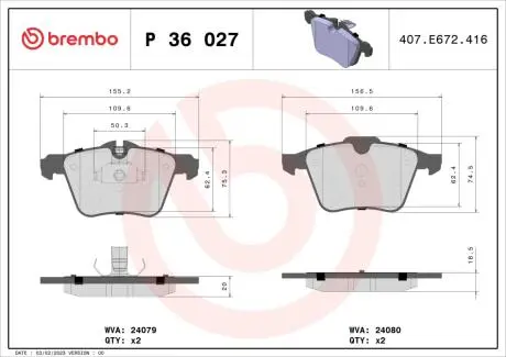 P36027 Комплект тормозных колодок, дисковый тормоз BREMBO підбір по vin на Brocar
