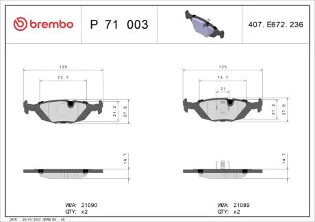 P71003 Гальмівні колодки, дискове гальмо (набір) BREMBO підбір по vin на Brocar