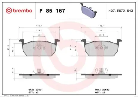 P85167 Гальмівні колодки дискові SEAT LEON 12- PRZÓD BREMBO підбір по vin на Brocar