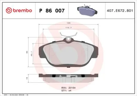P86007 Гальмівні колодки, дискове гальмо (набір) BREMBO підбір по vin на Brocar