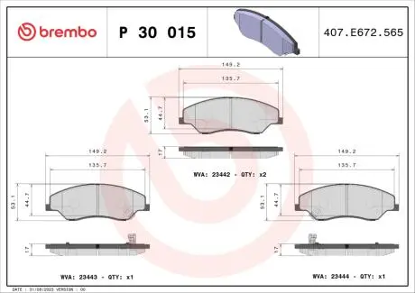 P30015 Комплект тормозных колодок, дисковый тормоз BREMBO подбор по vin на Brocar