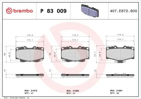 P83009 Гальмівні колодки, дискове гальмо (набір) BREMBO підбір по vin на Brocar