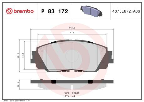 P83172 Тормозные колодки дисковые BREMBO підбір по vin на Brocar