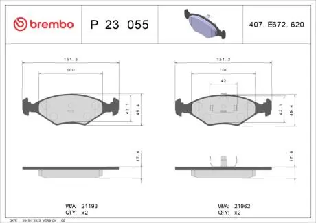 P23055 Гальмівні колодки, дискове гальмо (набір) BREMBO підбір по vin на Brocar