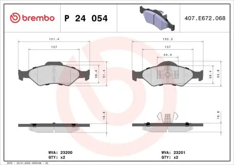 P24054 Гальмівні колодки, дискове гальмо (набір) BREMBO підбір по vin на Brocar