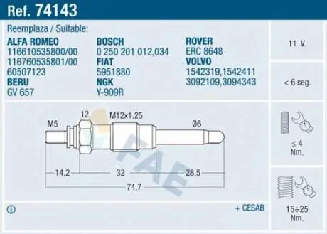 74143 Свічка розжарювання FAE підбір по vin на Brocar