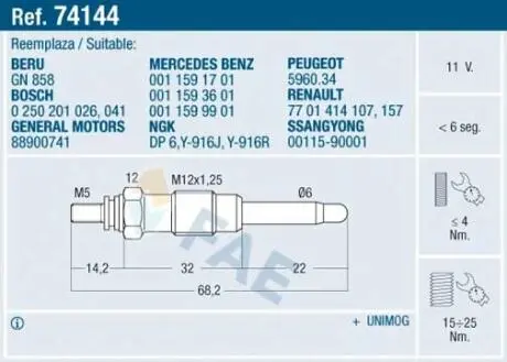 74144 Свічка розжарювання FAE підбір по vin на Brocar
