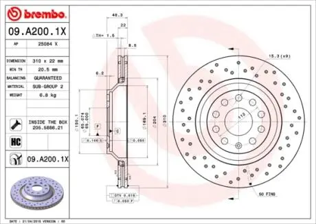 09A2001X Тормозной диск BREMBO подбор по vin на Brocar