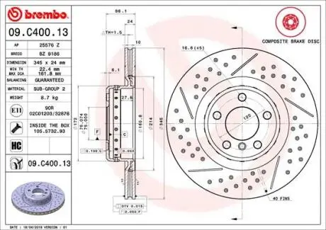 09C40013 Тормозной диск BREMBO подбор по vin на Brocar
