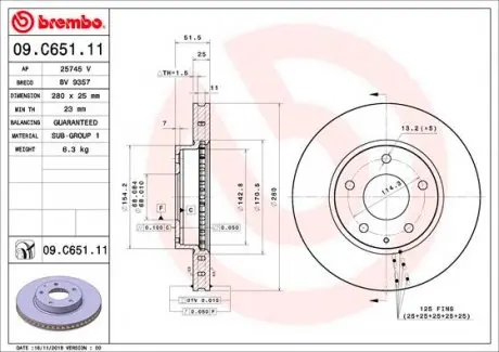09C65111 Гальмівний диск BREMBO підбір по vin на Brocar