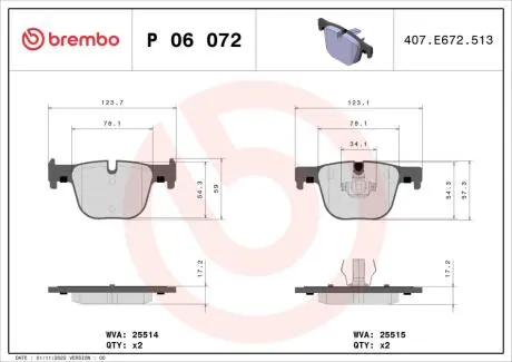 P06072 Гальмівні колодки дискові BREMBO підбір по vin на Brocar
