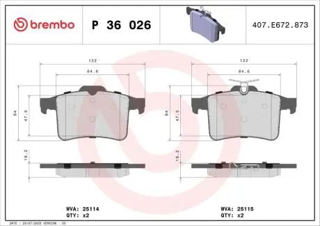 P36026 Гальмівні колодки дискові BREMBO підбір по vin на Brocar