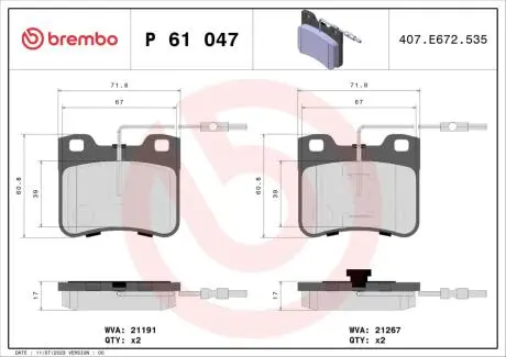 P61047 Тормозные колодки дисковые BREMBO підбір по vin на Brocar