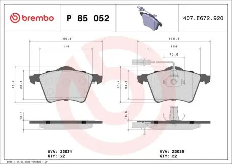 P85052 Тормозные колодки дисковые BREMBO подбор по vin на Brocar