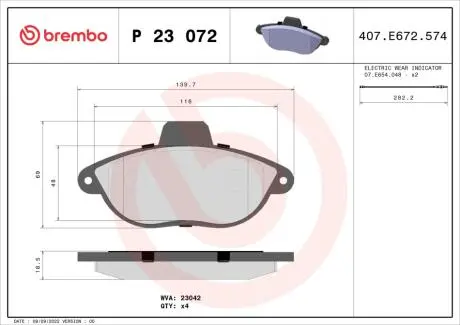 P23072 Гальмівні колодки к-кт. BREMBO підбір по vin на Brocar