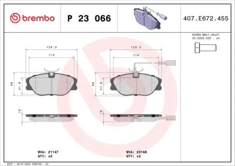 P23066 Комплект тормозных колодок, дисковый тормоз BREMBO підбір по vin на Brocar