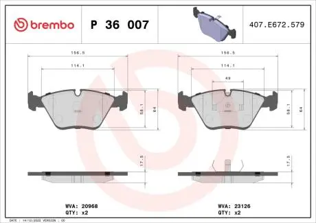 P36007 Гальмівні колодки, дискове гальмо (набір) BREMBO підбір по vin на Brocar