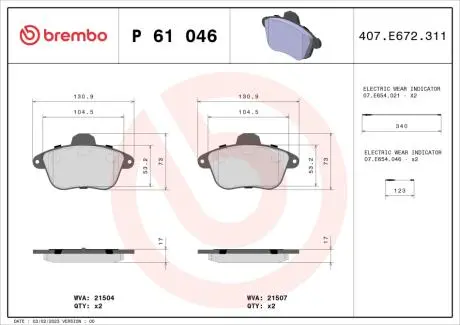P61046 Гальмівні колодки, дискове гальмо (набір) BREMBO підбір по vin на Brocar