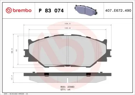 P83074 Комплект тормозных колодок, дисковый тормоз BREMBO підбір по vin на Brocar