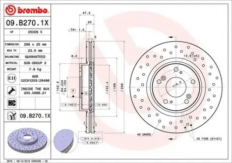 09B2701X Тормозной диск BREMBO подбор по vin на Brocar