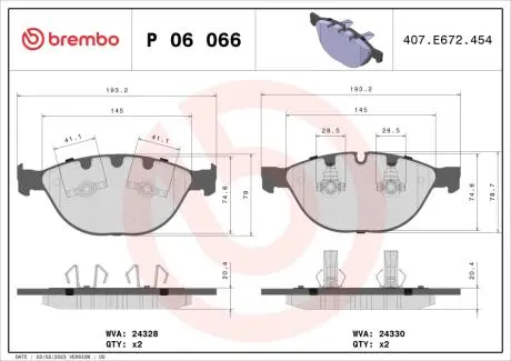 P06066 Гальмівні колодки, дискове гальмо (набір) BREMBO підбір по vin на Brocar