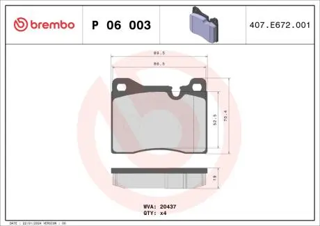 P06003 Гальмівні колодки, дискове гальмо (набір) BREMBO підбір по vin на Brocar