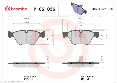 P06036 Колодки гальмівні дискові передні BREMBO підбір по vin на Brocar
