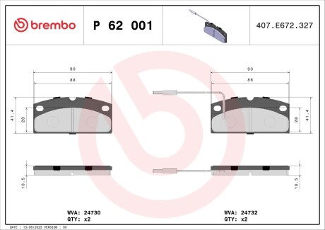 P62001 Тормозные колодки дисковые BREMBO підбір по vin на Brocar