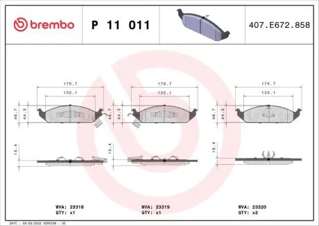 P11011 Комплект тормозных колодок, дисковый тормоз BREMBO подбор по vin на Brocar