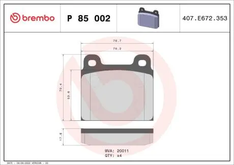 P85002 Тормозные колодки дисковые BREMBO подбор по vin на Brocar
